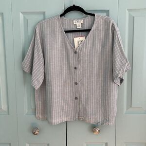 Adini Womens Flax Cotton Cropped Button Front Blouse Top Short Sleeve Coastal Lg